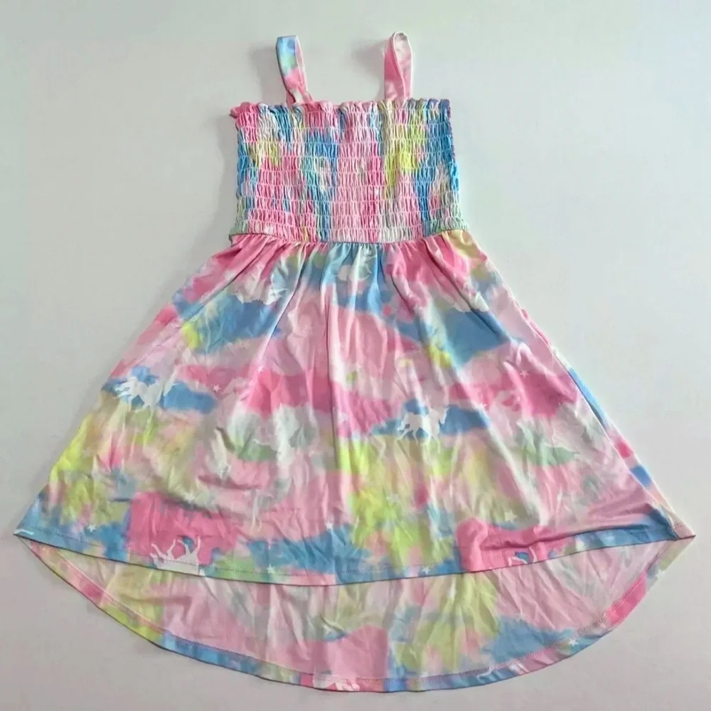 Kids Girls Size XS 4/5 Maxi Dress Set Of 2 Tie Dye Unicorn & Blue Flowers NEW